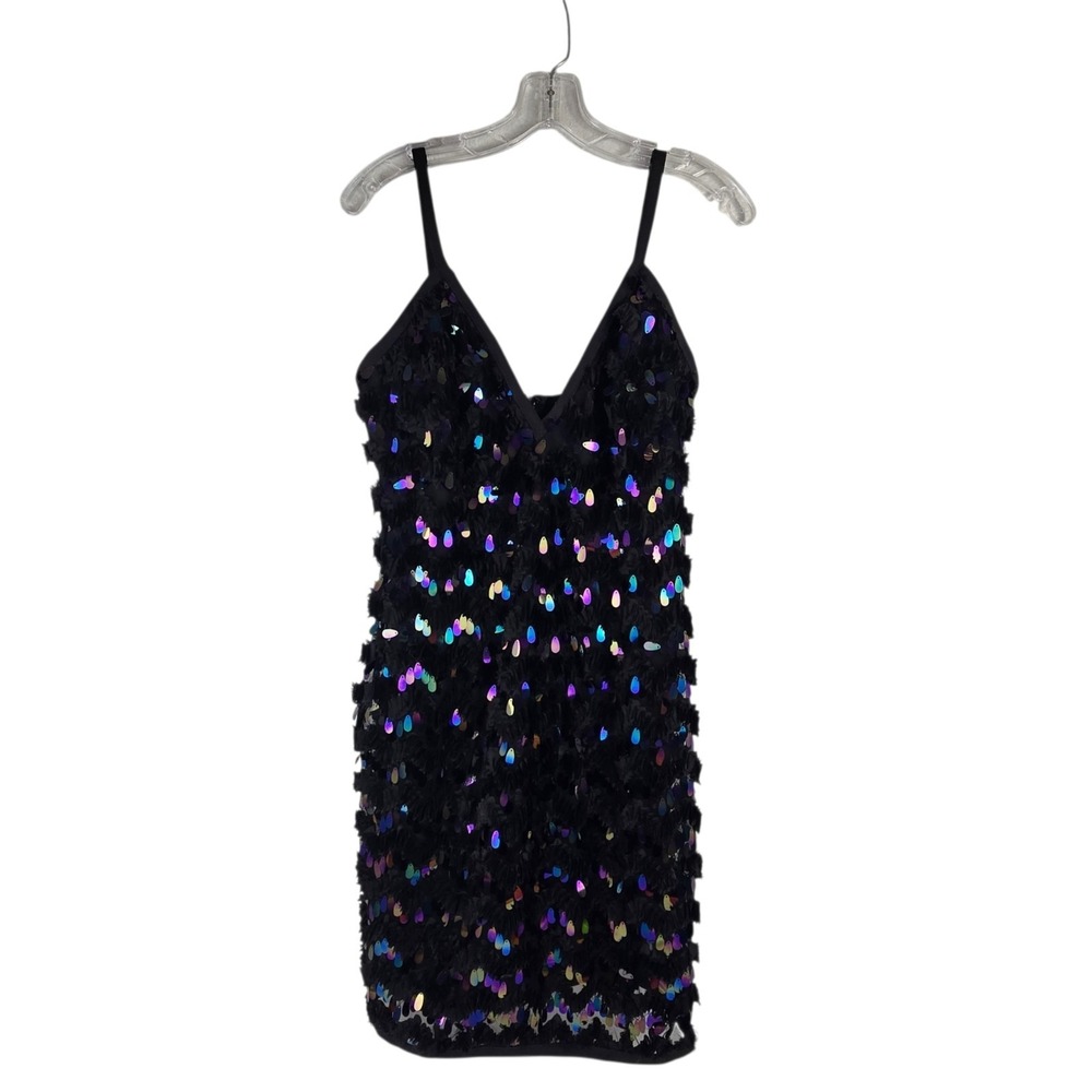 Wow Couture Jumbo Sequin Bodycon Mini Dress V Neck Spaghetti Strap Black Size L